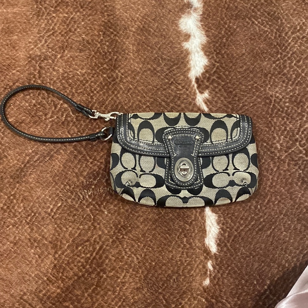 Coach Black and Khaki Signature Canvas Turn-Lock Wristlet